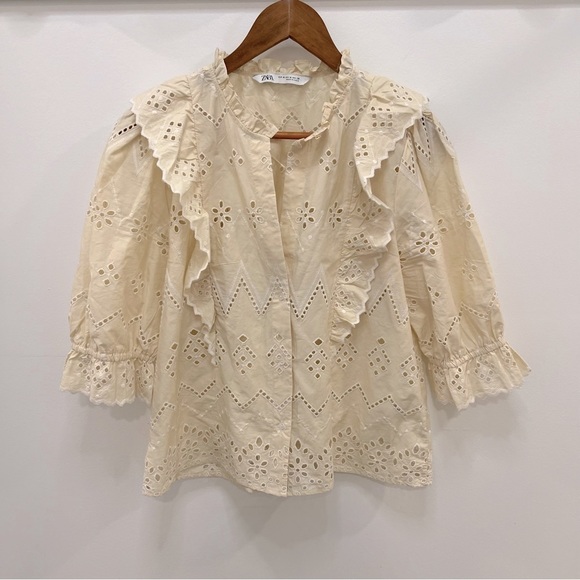 Zara Tops - Zara Cream Eyelet Ruffle Embroidered Shirt